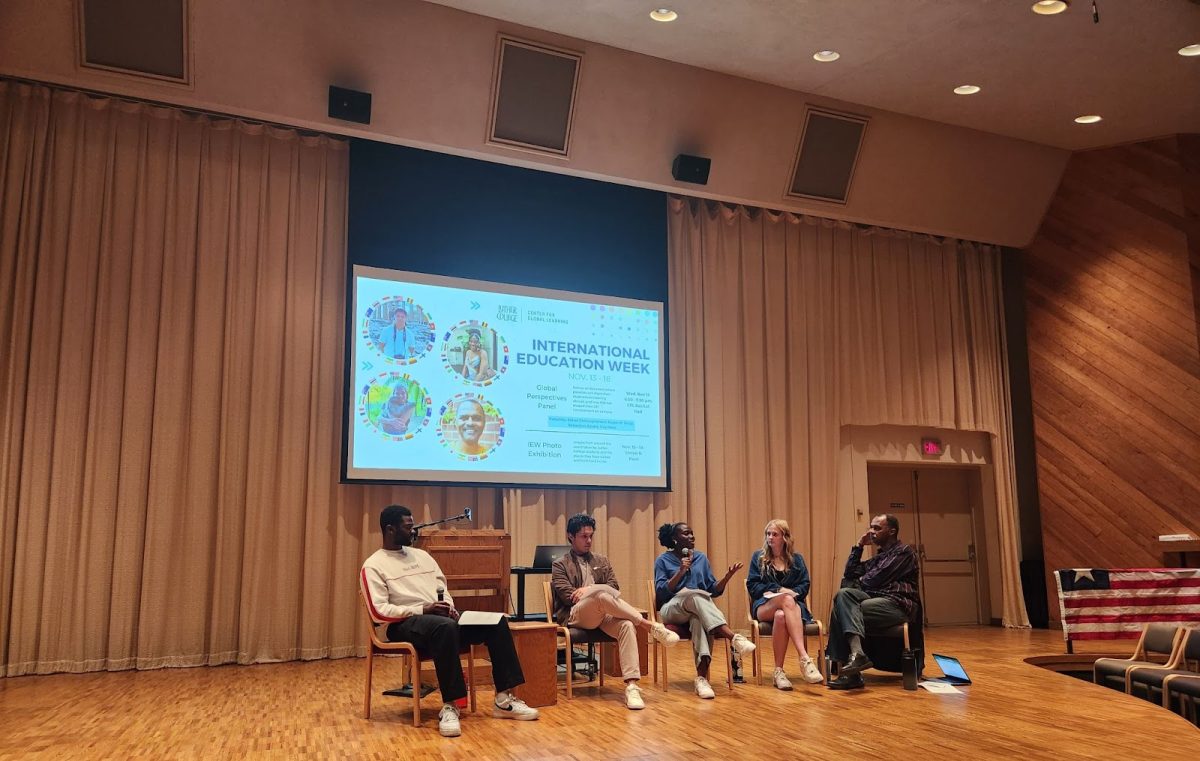 Sebastian Zavala (‘25), Korpo M. Selay (‘26), Solvei Christopherson (‘25) and Professor of Religion Guy Nave speak as part of the Global Perspectives Panel on November 15.