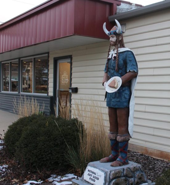 The Viking outside Family Table, affectionately called the “Pie King” by Decorah, is rooted in Norwegian ethnic heritage.