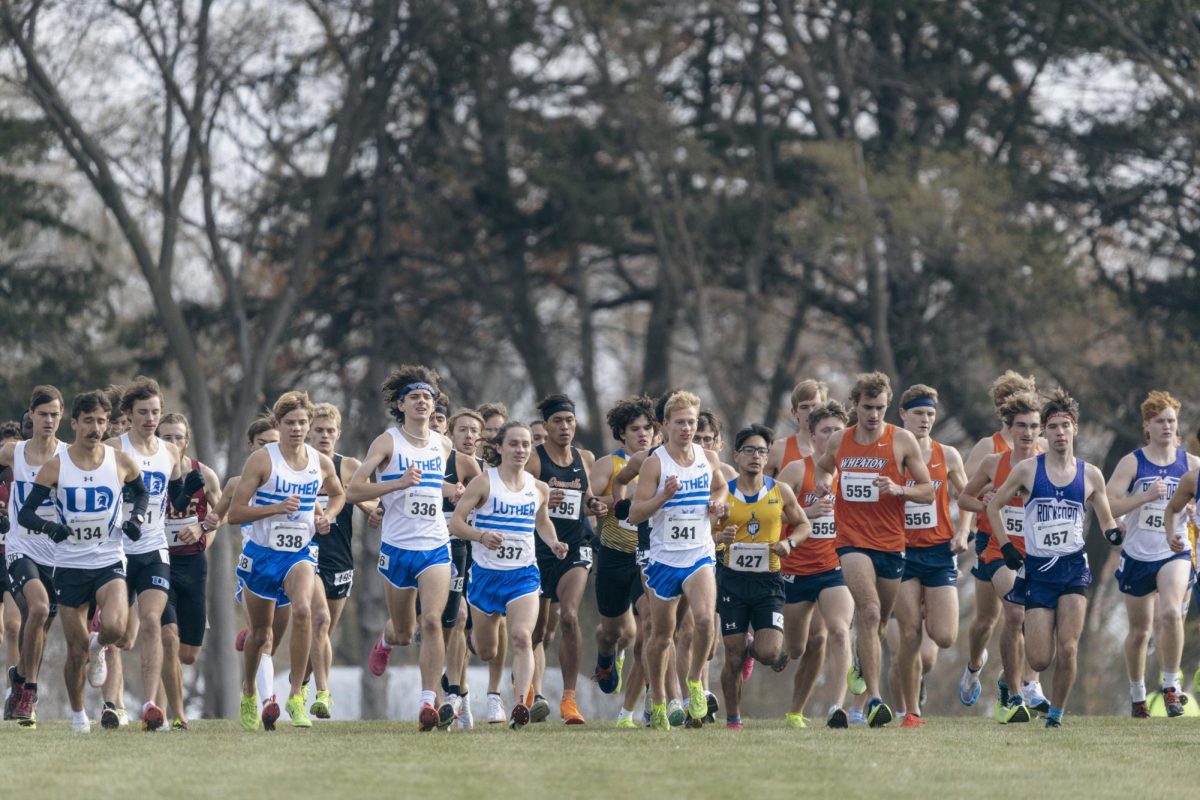 Luther Mens Cross Country starts off after the gun at the regional meet at Wartburg College on Novermber 11.