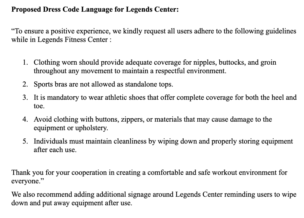The Legends Center Dress Code Committee’s proposed dress code that was sent to Luther administration. Photo courtesy of Luther Student Senate.