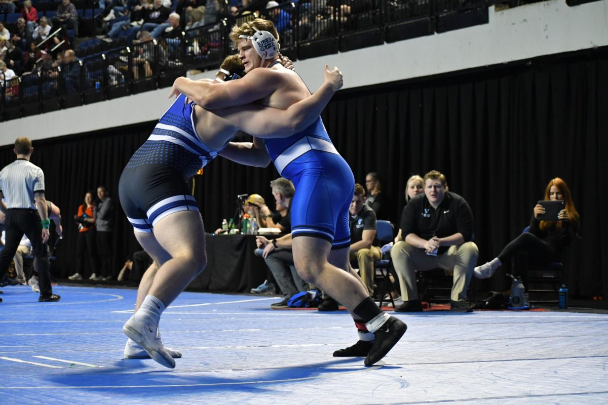 Walter West (24) finished 7th in the 285-pounds division at the 2024 NCAA DIII Wrestling Championships in La Crosse, Wisconsin. Photo courtesy of Luther College Photo Bureau.