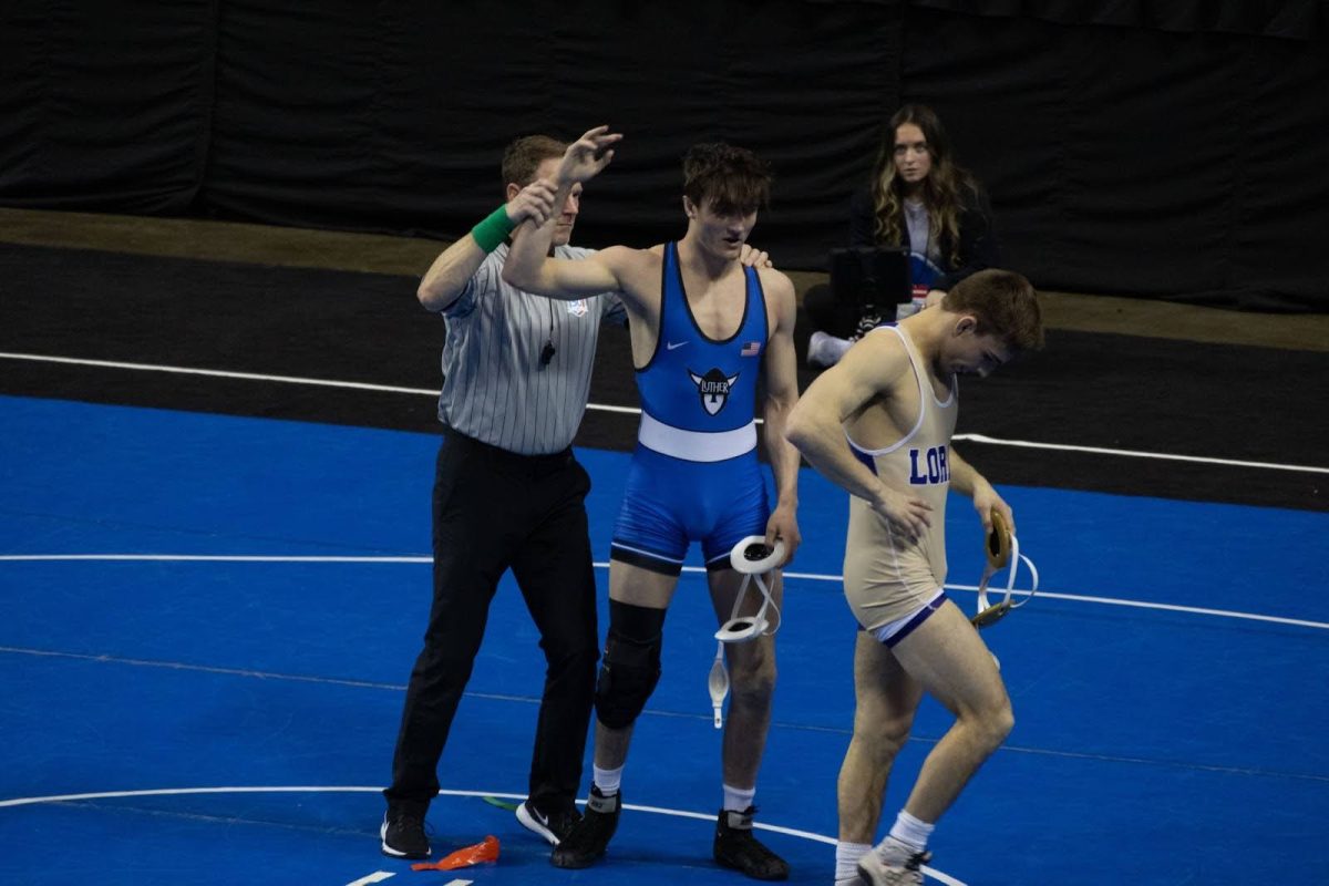 Clayton+McDonough+%2826%29+after+defeated+Gabe+Fiser+of+Loras+for+the+third+time+this+season+in+the+157-lbs+division+consolation+quarterfinals.+Photo+courtesy+of+Luther+Wrestling.