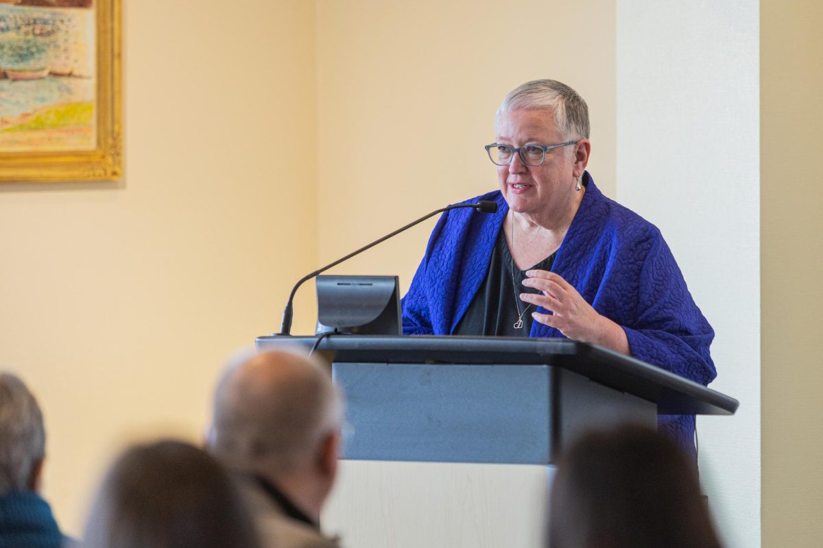 Luther College President Jenifer K. Ward speaks at the Chamber Luncheon in January 2024. Photo courtesy of Armando Jenkins-Vazquez (‘21)/Luther College Photo Bureau.