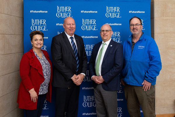 From left to right: Vice President of Student Services at Northeast Iowa Community College Amy Gaffney, Northeast Iowa Community College Interim President Dave Dahms, Luther College President Brad Chamberlain and Director of Campus Safety at Luther College Bob Palmer. Photo courtesy of Luther College.