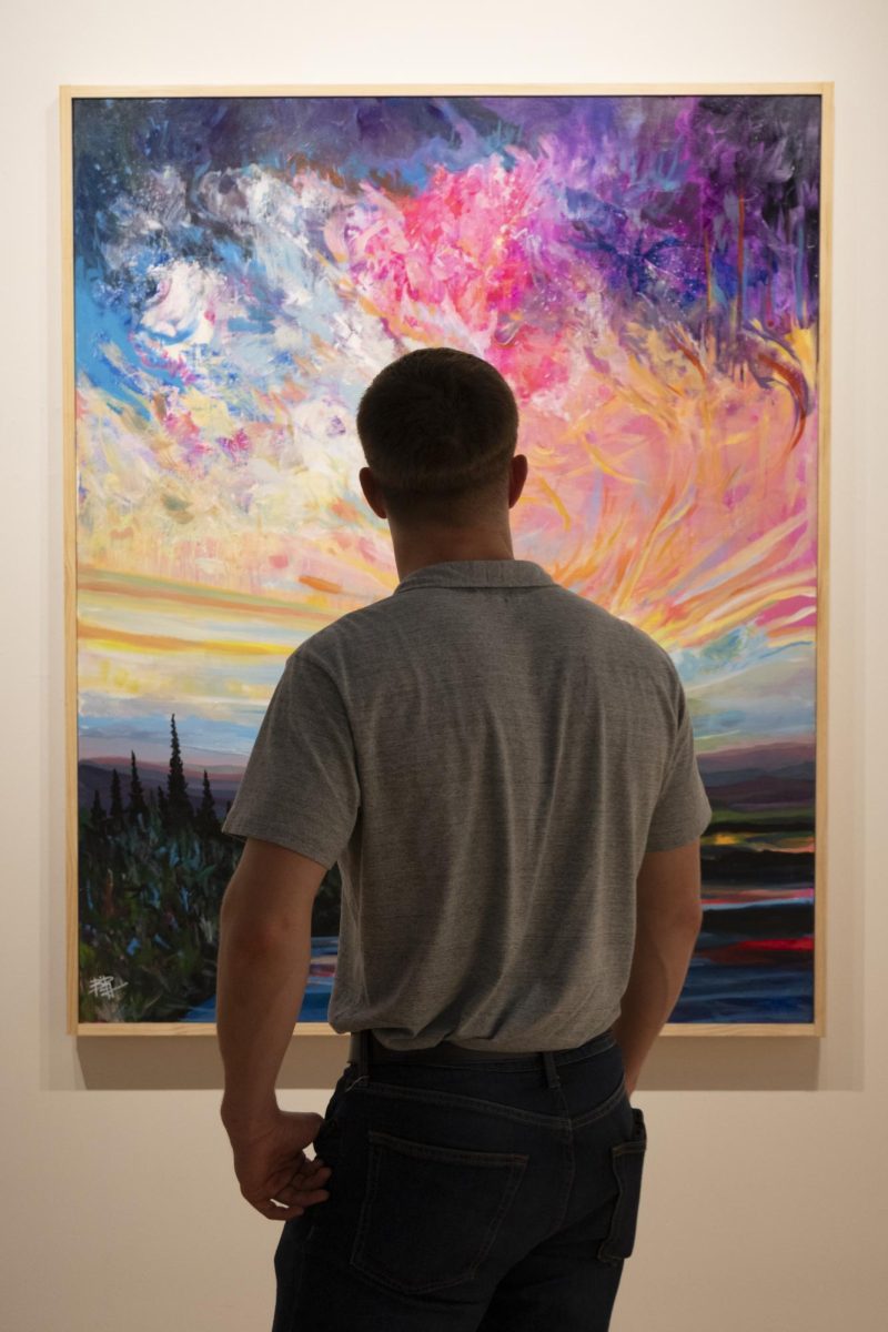 Luther College student observing art at the alumni gallery. Photo courtesy of Kyla Matt ('26)