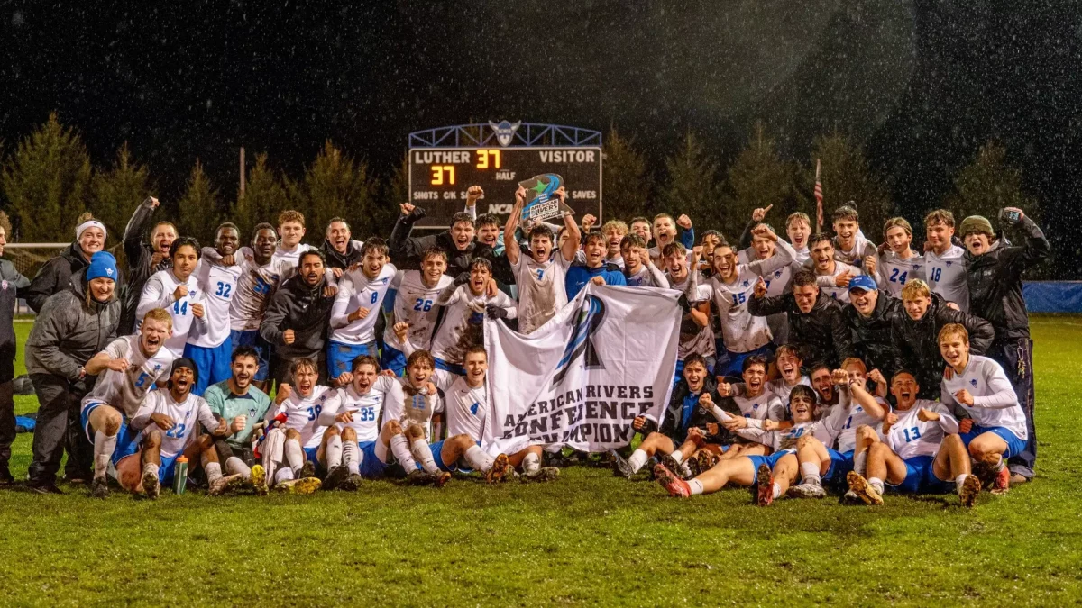 The Luther College Men’s Soccer team after their A-R-C Championship win. Photo courtesy of Luther College. 