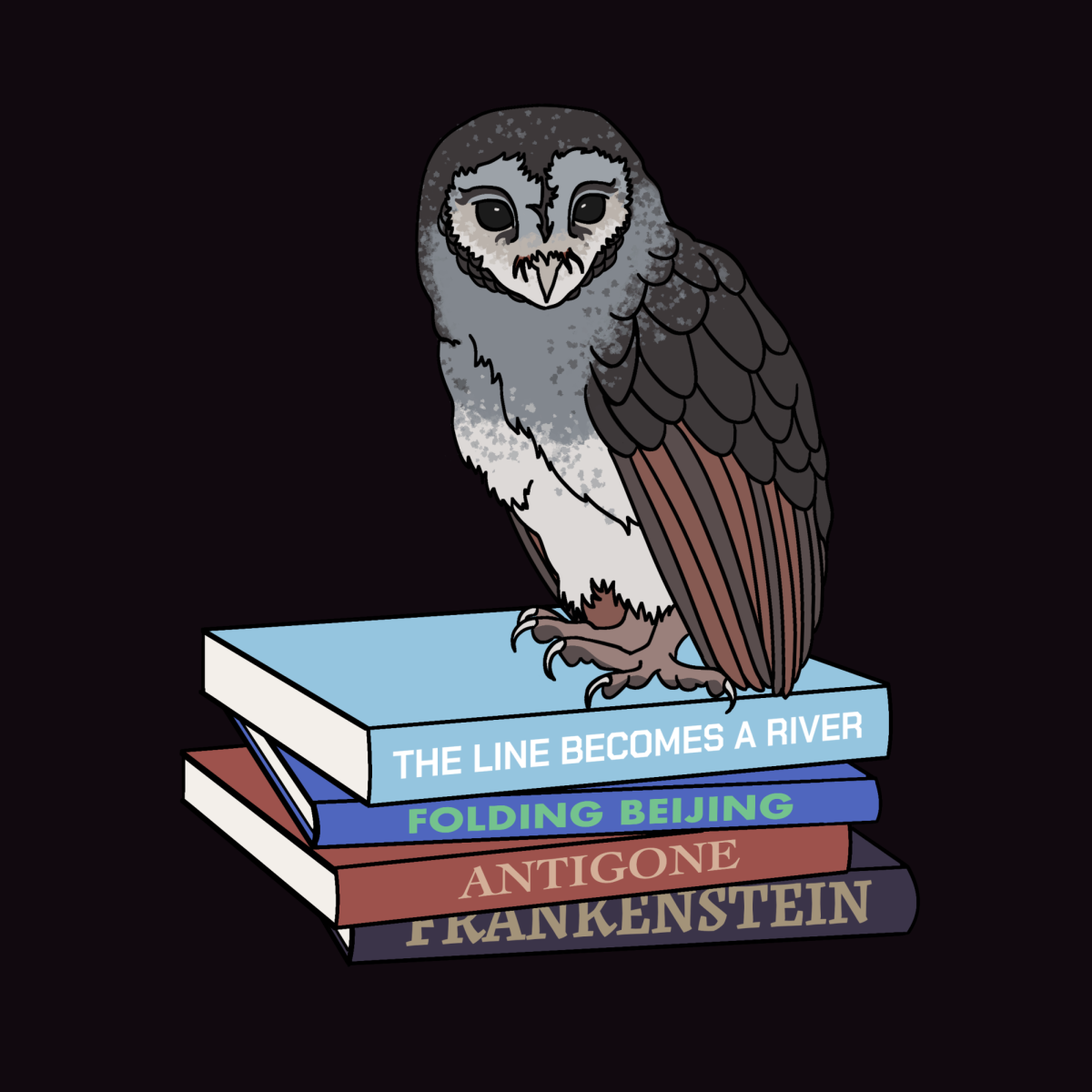 An owl, the symbol of Paideia, sitting on a list of books from Nguyen's Paideia year. 